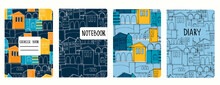 Set Of Cover Page Vector Templates Based On Seamless Patterns With Cityscapes, Historic Buildings, Archways. Perfect For Exercise Books, Notebooks, Diaries, Presentations