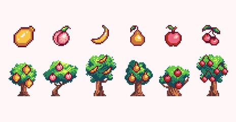 Wall Mural - Fruit trees pixel art set. Orchard collection. Banana, apple, cherry, lemon, peach, pear farm.  8 bit sprite. Game development, mobile app. Isolated vector illustration.