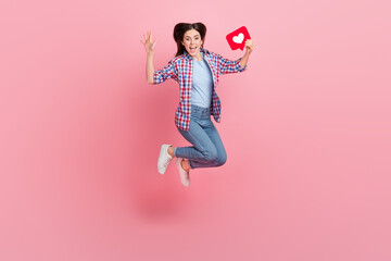 Sticker - Full size photo of cheerful overjoyed lady say hi her boyfriend give him valentine card isolated on pink color background