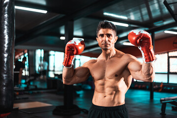 Wall Mural - Handsome brutal strong boxer man in boxing gloves.boxing champion in pose.