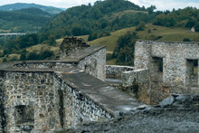 Exterior Of Medieval Castle In Novigrad Na Dobri, Croatia, And Old Stone Bridge
