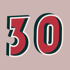 Vector number 30 with 3D effect in retro style. Well red and Deep Teal colors