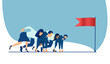 © Feodora - Vector of businesspeople employees ready to run, standing at start line with flag.
