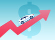 Vector of a car on a growing financial graph arrow
