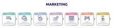 Marketing Concept Infographic Design Template. Included No Money, Burning, Breaking, Video Marketing, Nyse, Police Line, Shop Assistant Icons And 7 Option Or Steps.