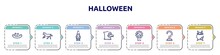 Halloween Concept Infographic Design Template. Included Birds In Nest, Horse Running, Gnome, Eagle, Horse Races Badge, Hook, Cauldron Icons And 7 Option Or Steps.