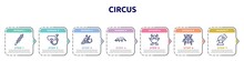 Circus Concept Infographic Design Template. Included Skewer, Snorkel, Grapes, Anteater, Monster, Ladybird, Cannon Icons And 7 Option Or Steps.