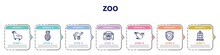 Zoo Concept Infographic Design Template. Included Sea Lion, Pine, Dromedary, Animal Aid, Dove, Guard, Cage Icons And 7 Option Or Steps.