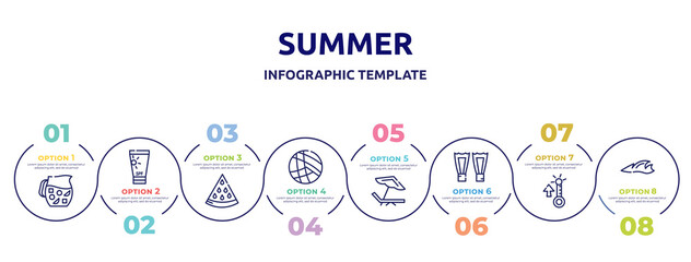 Wall Mural - summer concept infographic design template. included sangria, sunscreen, slice of melon, beach volleyball, beach chair, fins, summer temperature, ocean icons and 8 option or steps.