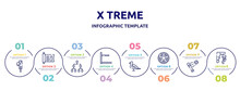 X Treme Concept Infographic Design Template. Included Crocket, Sacred Scriptures, Playoff, Diving Board, Seagulls, Sprocket, Battered Ball, Abseiling Icons And 8 Option Or Steps.