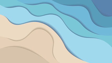 Vector wavy abstract blue sea and beach summer background illustration. Bright blue layered paper art cartoon ocean waves with shadow