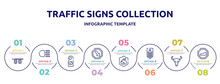 Traffic Signs Collection Concept Infographic Design Template. Included Glowplug, High Beam, Do Not Disturbe, Keep Right, Fire, Explosive, Skull Of A Bull, Slope Icons And 8 Option Or Steps.
