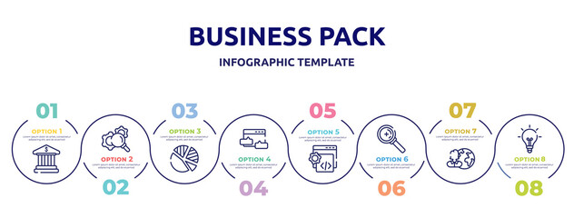Poster - business pack concept infographic design template. included bank building, gear with magnifying glass, pie chart with piece, blog commenting, custom coding, zoom or search, user, lightbulb black