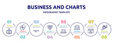 business and charts concept infographic design template. included live streaming, diagrams, baton stick, team management, clean code, circular clock, web crawler, search stats icons and 8 option or