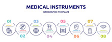 Medical Instruments Concept Infographic Design Template. Included Defibrillator, Deaf, Life Saver, Hair Wash, Road Block, Forehead, Sight Check Table, Head Mirror Icons And 8 Option Or Steps.