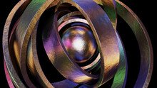 Realistic Abstract 3D Illustration Of The Iridescent Colorful Metallic Textured Rings Rotating Around The Metal Sphere Rendered As Background