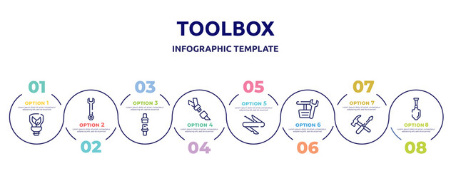 toolbox concept infographic design template. included ecologic light bulb, repair wrench, seat belt, seatbelt, swiss knife, pedals, repair tools cross, gardening palette icons and 8 option or steps.