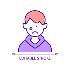 Sticker - Teenager suffering from acne RGB color icon. Puberty pimples. Hormonal changes in teens. Blackheads on face. Isolated vector illustration. Simple filled line drawing. Editable stroke. Arial font used