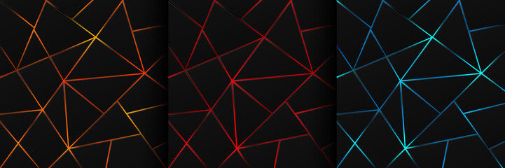 Wall Mural - Set of dynamic green, blue and red light lines on black metallic in geometric shapes design. Modern technology futuristic dark background. Design for banner, cover, web, flyer. Vector illustration