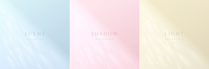 Sticker - set of blue, pink, yellow beige background with window light and leaf shadow overlay. abstract minim