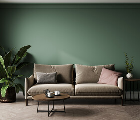 Wall Mural - Home interior mock-up with broen sofa, table and decor in green living room, 3d render