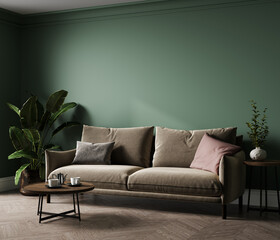 Empty green living room wall mockup with beige velvet sofa, pillow and plant on blank white interior background. Illustration, 3d rendering