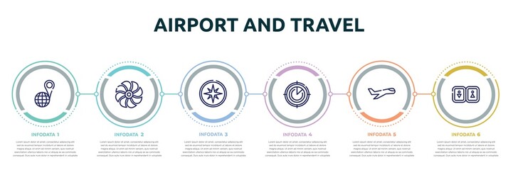 Wall Mural - airport and travel concept infographic design template. included geolocated place, ventilation, compass with cardinal points, airplanes on radar, aviation, toilets icons and 6 option or steps.
