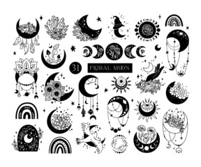 mystical floral moon isolated cliparts bundle, boho celestial space collection, moon and flowers set