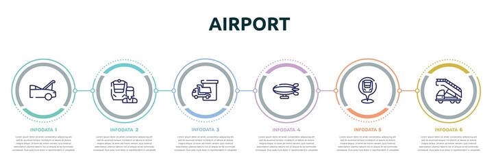 Wall Mural - airport concept infographic design template. included hood open, train operator, loading/unloading area, airship side view, checkpoint, airport truck icons and 6 option or steps.