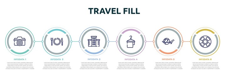 travel fill concept infographic design template. included digital camera, plate, knife and fork, hotel, hanger with a towel, airplane travel around the world, life bouy icons and 6 option or steps.