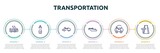 transportation concept infographic design template. included trolleybus, insect repellent, convertible car, motorboat, all terrain, road trip icons and 6 option or steps.