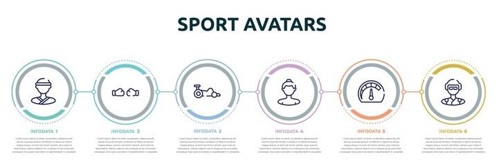 Wall Mural - sport avatars concept infographic design template. included judoka, punching, kart racing, null, mph, skydiver icons and 6 option or steps.