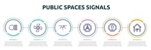 Public Spaces Signals Concept Infographic Design Template. Included High Beam, Ventilating Fan, Dome Light, Radioactive Warning, Ahead Only, Eatery Icons And 6 Option Or Steps.