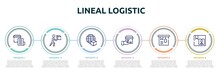 Lineal Logistic Concept Infographic Design Template. Included Delivery Invoice, Delivering Box, Worldwide Delivery, Delivering, Tagged Package, Fragile Pack Icons And 6 Option Or Steps.