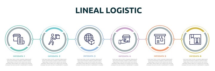 lineal logistic concept infographic design template. included delivery invoice, delivering box, worldwide delivery, delivering, tagged package, fragile pack icons and 6 option or steps.