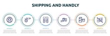 Shipping And Handly Concept Infographic Design Template. Included Phone Assistance, Shipping By Plane, Frontal Truck, Cash On Delivery, Stack Package, Do Not Stack Icons And 6 Option Or Steps.