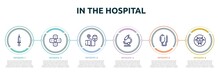 In The Hospital Concept Infographic Design Template. Included Syringe With Medicine, Bandage Cross, Blood Pressure Control Tool, Microscope Tool, Health Drip, Toxic Icons And 6 Option Or Steps.