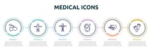 Medical Icons Concept Infographic Design Template. Included Breathing Rescue, Women, Female Body, Head With Brain, Heart Beats Lifeline In A Heart, Human Feet Shape Icons And 6 Option Or Steps.