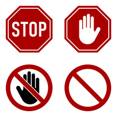 Poster - Icon Set of Red Stop Sign and Stop Hand Adblock Octagonal Symbol. Vector Image.