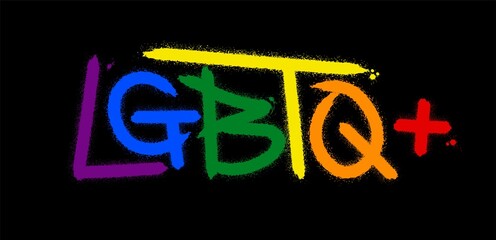 Wall Mural - LGBTQ+ abbreviation.  Pride Month. Urban street graffiti style with splash effects and drops in rainbow colors on black background. Vector Illustration for printing,  cards, posters, stickers