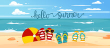 Ocean, Beach. Flip Flops, Beach Ball And Snorkel In The Sand. Summer Holiday Concept