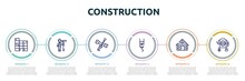 Construction Concept Infographic Design Template. Included Constructing A Brick Wall, Man Painting, Screwdriver And Doble Wrench, Pulley Hook, Cabin House, Concrete Mixer Tool Icons And 6 Option Or