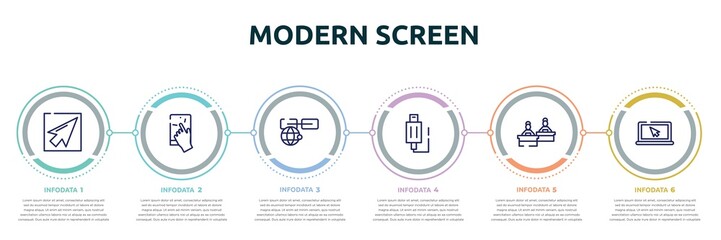 Poster - modern screen concept infographic design template. included mouse pointer, touch, link on internet, usb plug, computer workers group, screen with cursor arrow icons and 6 option or steps.