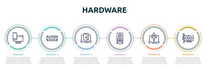 hardware concept infographic design template. included responsive website, port, backdoor, dvd player, missile, adapter icons and 6 option or steps.