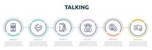Talking Concept Infographic Design Template. Included Wireless, Scream Bubble, Map On Phone, Push Buttons Phone, Add Contact, Add Message Icons And 6 Option Or Steps.