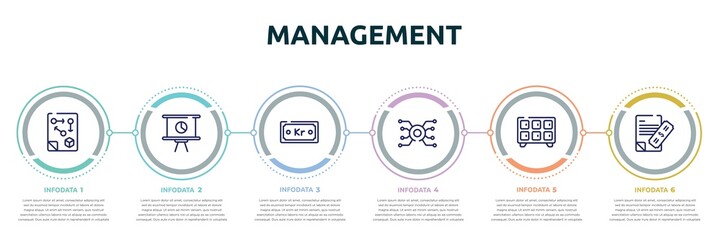 management concept infographic design template. included ticket window, invest, graphic card, video card, calculate, attachment icons and 6 option or steps.