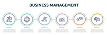 Business Management Concept Infographic Design Template. Included Email Marketing, Encryption, Pen Container, Data Analysis, Explanation, Cooperate Icons And 6 Option Or Steps.
