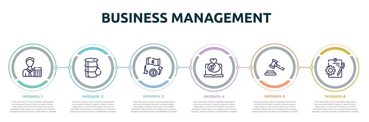 Wall Mural - business management concept infographic design template. included accountant, oil barrel, money transfer, bank online, bid, instructions icons and 6 option or steps.