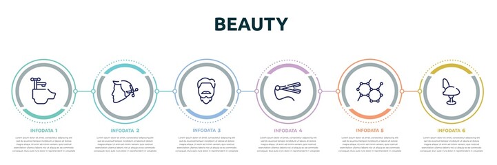 beauty concept infographic design template. included hair washing sink, hairstyle, man with goatbeard, straightener, molecular, comfortable chair icons and 6 option or steps.