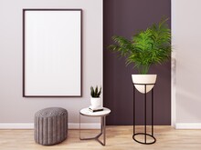 Modern Interior Living Room Mockup With Vertical Black Frame And Grey Dark Accents, 3d Render Illustration.